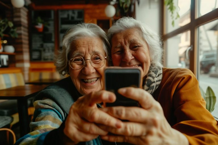 imagem feita pela ia, duas amigas idosas tirando foto e rindo