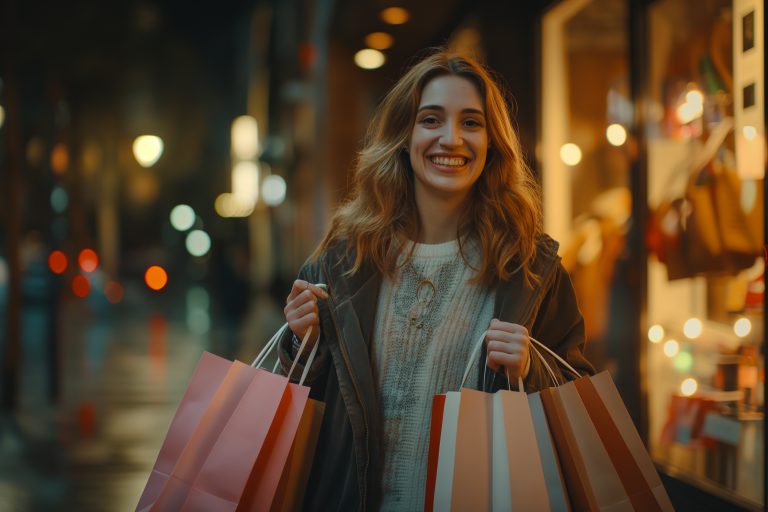 imagem feita por ia, representando como aproveitar a black friday ao máximo. Na imagem, uma mulher feliz com sacolas de compra, no fundo, luzes de natal