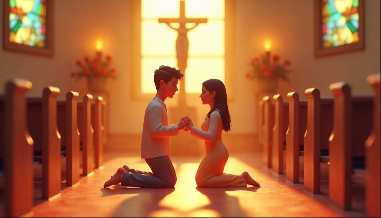 imagem feita por ia, representando o melhor app para relacionamento cristão. Na imagem, uma ilustração de um casal rezando de joelhos dentro de uma igreja.