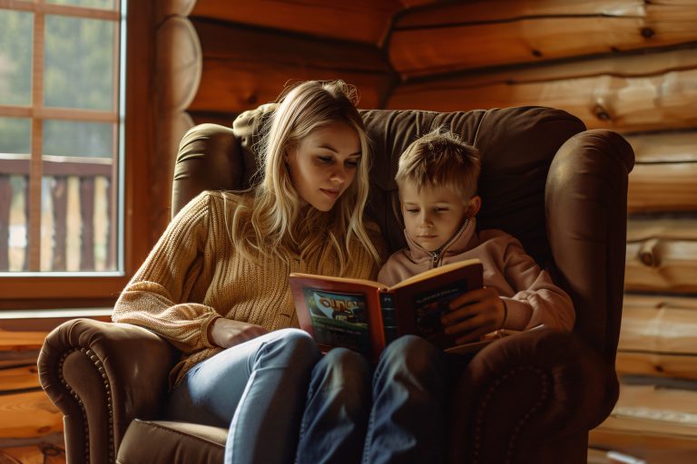 imagem feita pela ia, representando como ler a bíblia em um ano. Na imagem, mãe e filho lendo livro juntos.