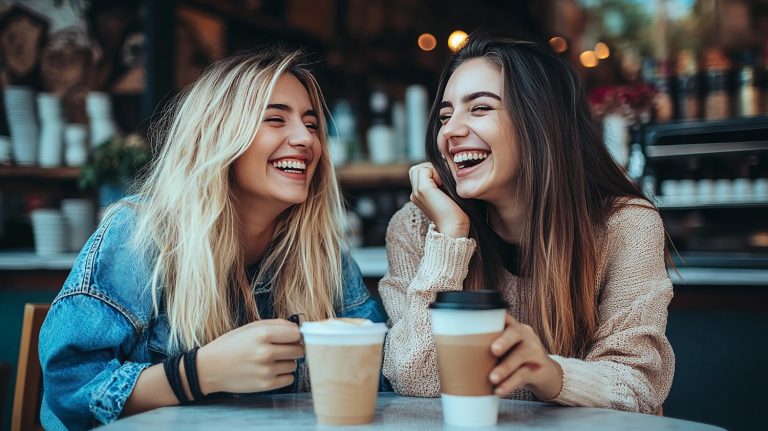 imagem feita por ia de duas amigas conversando e tomando café. A imagem representa app de bate-papo para amizade