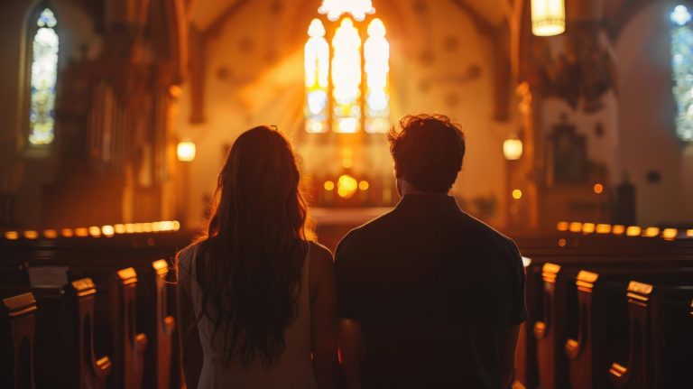 imagem feita por ia de um casal dentro de uma igreja. A imagem representa o que é um relacionamento cristão, relacionamento santo.