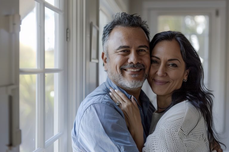 imagem feita por ia de um casal maduro abraçados. Eles estão dentro de um casa bonita e parecem felizes. A imagem representa app de relacionamento 40+