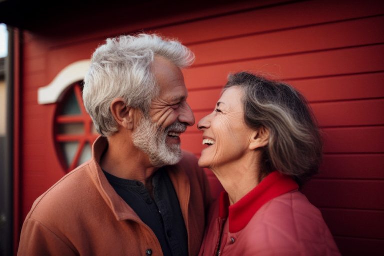 Um casal senior se olhando e sorrindo, o fundo da imagem parece uma parede de madeira na cor vermelha. A imagem representa apps de bate-papo para terceira idade.
