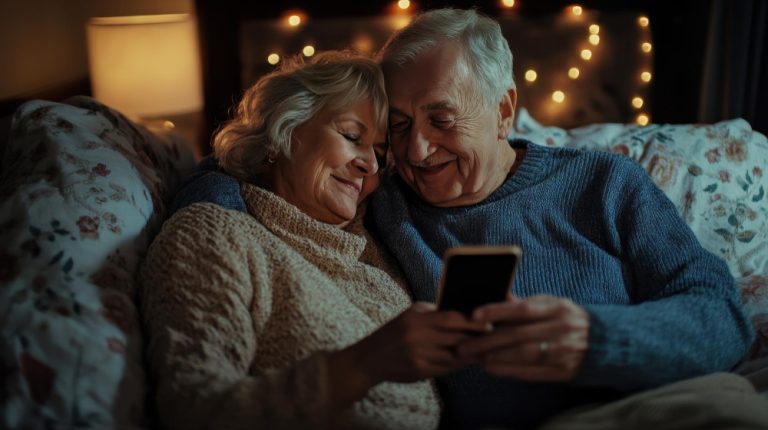 Um casal senior sentados no sofá segurando um celular. A imagem representa apps de bate-papo para terceira idade.