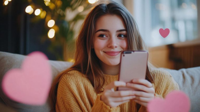Uma mulher sentada no sofá segurando um celular e sorrindo. A imagem representa apps de relacionamento em espanhol.