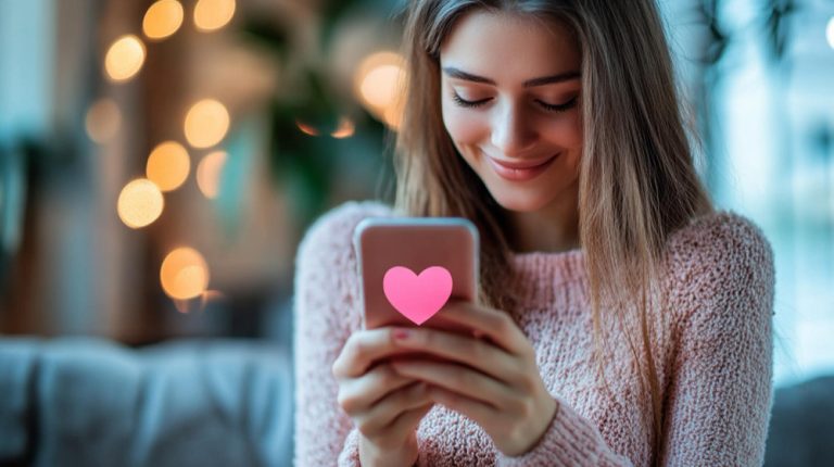 Uma mulher sentada no sofá com o celular na mão e sorrindo. A imagem representa apps de relacionamento em inglês.