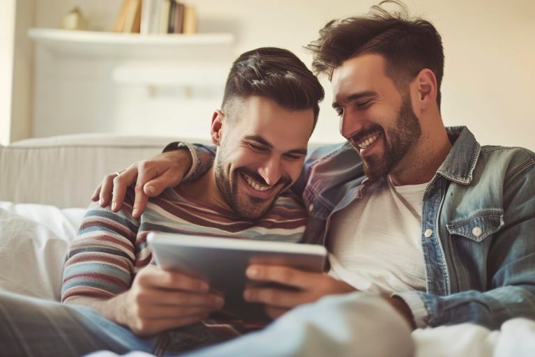 Dois homens sentados no sofá. A imagem representa apps de relacionamento gay.
