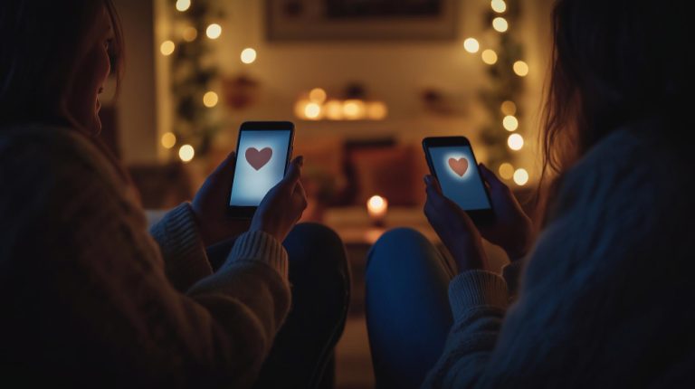 Duas pessoas sentadas segurando um celular que tem um coração como fundo de tela. A imagem representa apps de relacionamento no seu idioma.