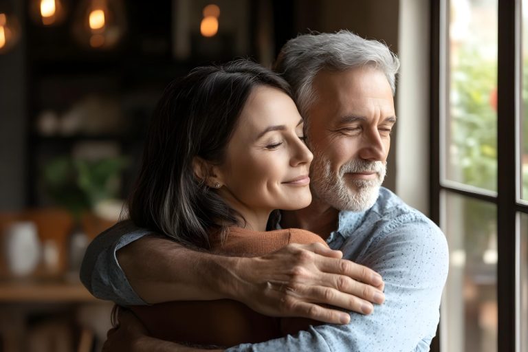 Um casal maduro abraçados, olhando pela janela. A imagem representa apps de relacionamento sério.